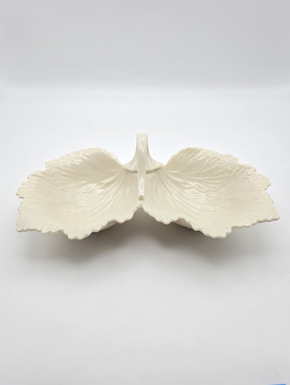 Vtg Mid-Century Lenox Ivory Monticello Porcelain Double Leaf Dish with Handle